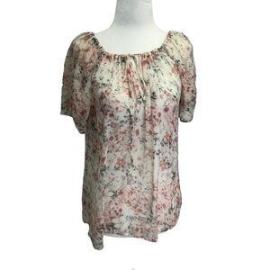 Joie Sheer Beige Floral Short Sleeve Tie Neck Top Size XS